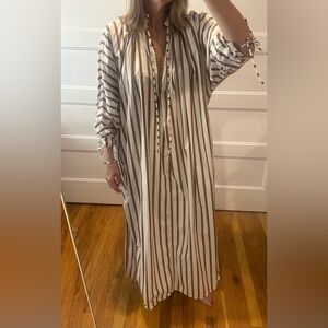 Mikoh White and Tan brown striped maxi with splits on sides and tie sleeves
